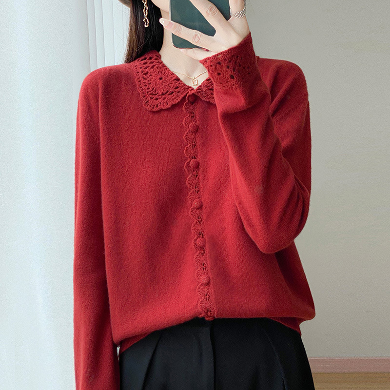 重工钩花秋冬新款Polo翻领减龄羊毛开衫女时尚气质百搭羊绒打底|undefined