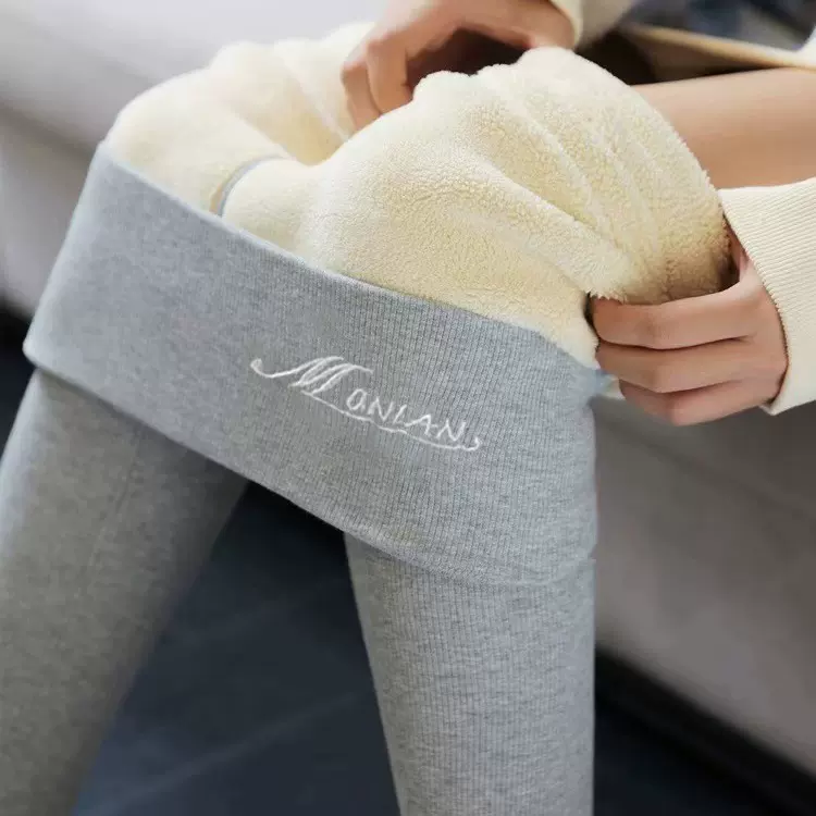 羊羔绒打底裤女冬季新款竖条纹刺绣外穿高腰显瘦加厚加绒保暖裤