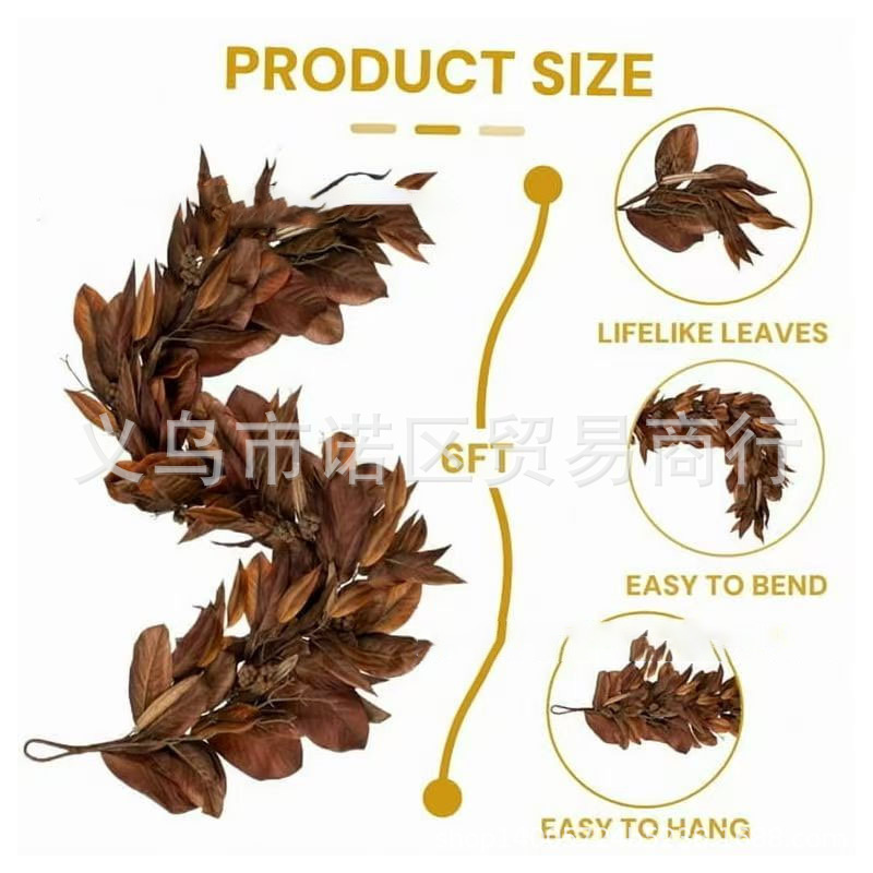 跨境热销Brown Magnolia Leaf Garland棕色木兰叶花环圣诞节花环|undefined