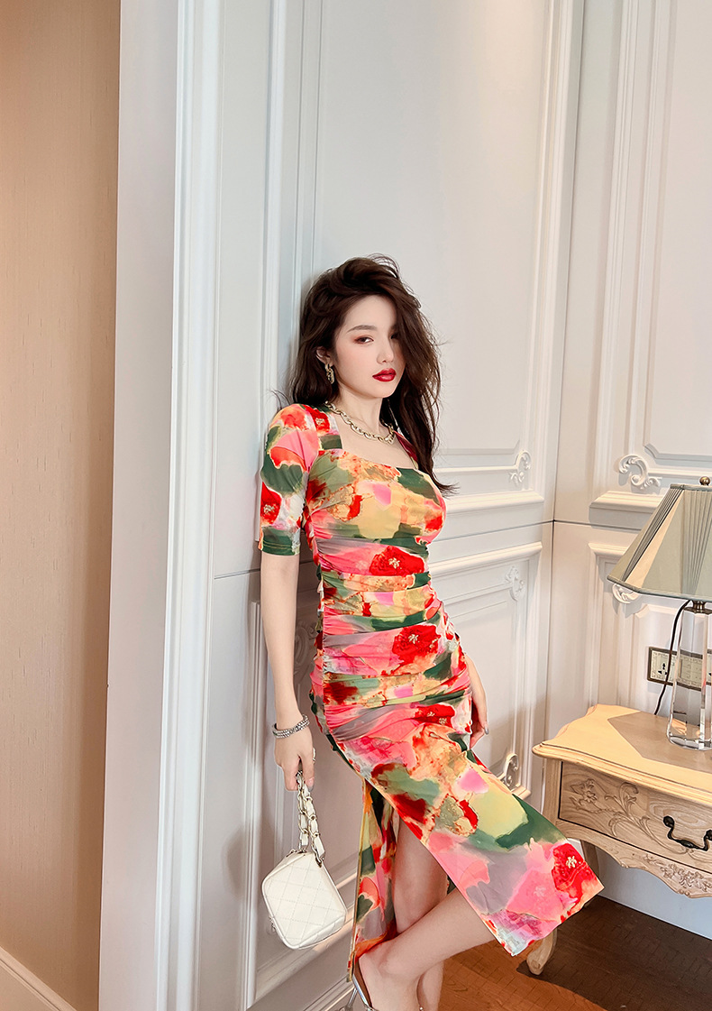 Váy dài ôm hông cổ vuông in họa tiết hoa phong cách Pháp — Màu hoa chi tiết 10