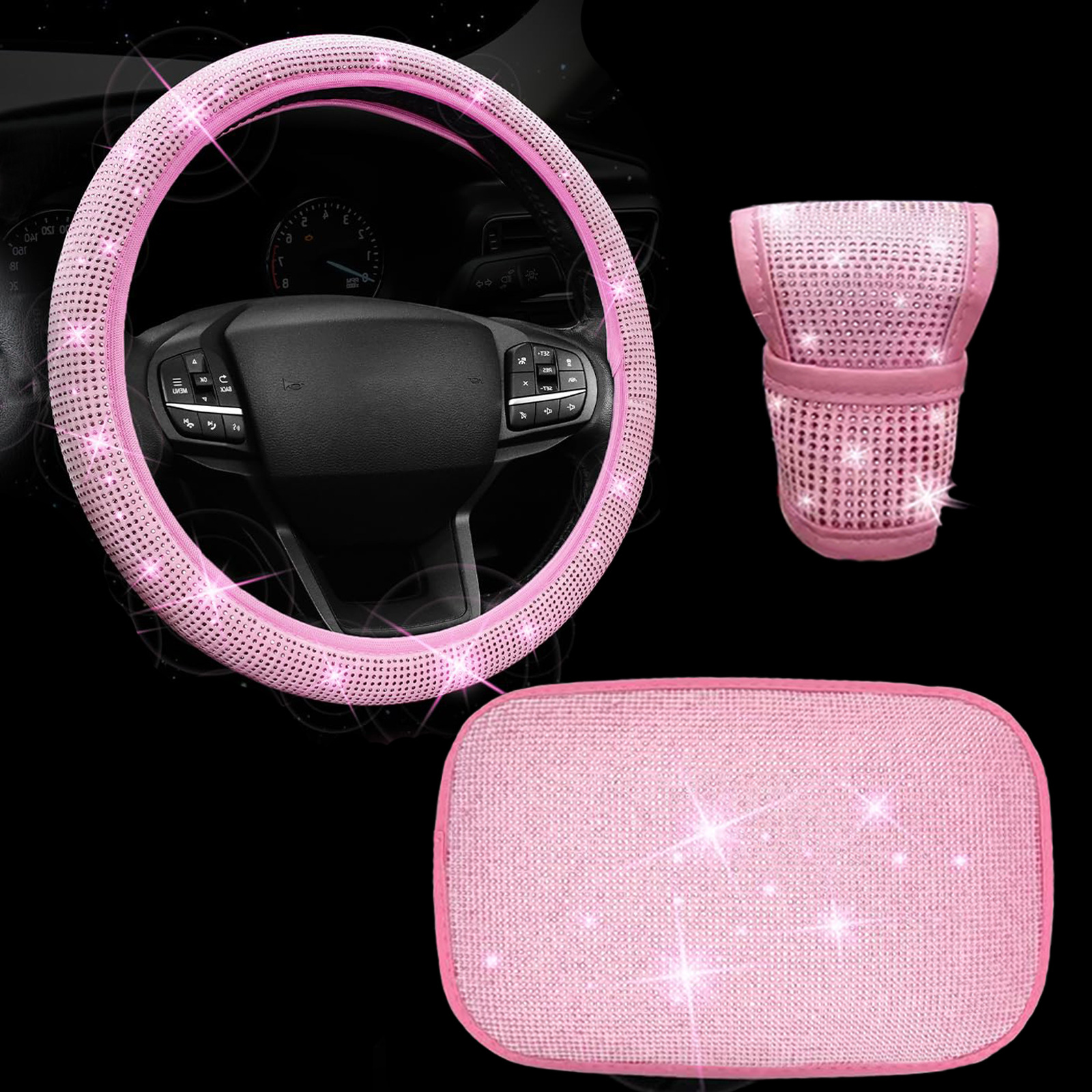 New Fashionable Full-Diamond Car Steering Wheel Cover for Women, Universal Crystal Flash Diamond Anti-Slip Handlebar Cover for All Seasons