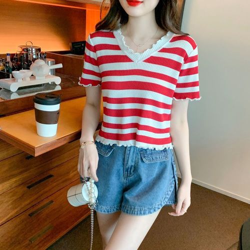 Designer-style minority black fungus V-neck striped knit women's summer unique ice silk short-sleeved thin top