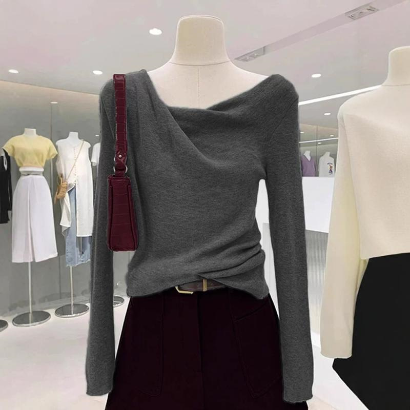 High-end Elegant Grey Swing Collar Long-sleeved Knitwear Women's Spring and Autumn Design Slim-fit Sweater Inner Base Top