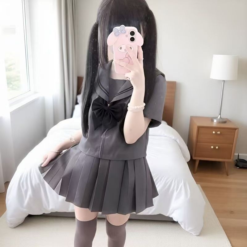 j原创正版JK制服灰色二本学院日系水手服短袖套装校供百褶裙|undefined