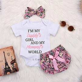 夏季婴儿衣服潮流字母DADDY'S上衣配发带婴童服跨境宝宝爬服套装
