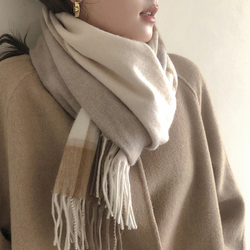  New Wool Warm Scarf Women's Autumn and Winter Color Block Plaid Scarf Long Tassel Scarf Light Luxurious and Advanced