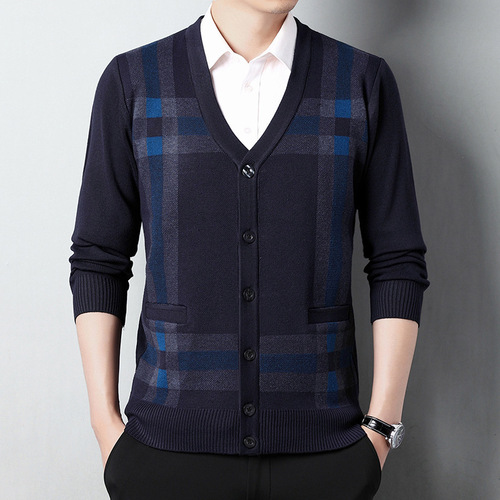 Men's 2024 New Knit Sweater Fashion Korean Version Mid-Age Thick Warm Father's Day Long-Sleeve Top V-Neck Sweater