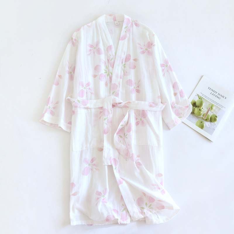 Pure Cotton Gauze Nightgown for Women, Spring and Summer Kimono Bathrobe, Mid-Length Pajamas, Japanese-Style Loose Bathrobe for Women Pure Cotton Gauze Nightgown for Women, Spring and Summer Kimono Bathrobe, Mid-Length Pajamas, Japanese-Style Loose Bathrobe for Women