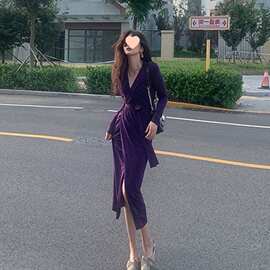 初秋钴紫色连衣裙2021秋季新款系带中长款早秋长袖裙子