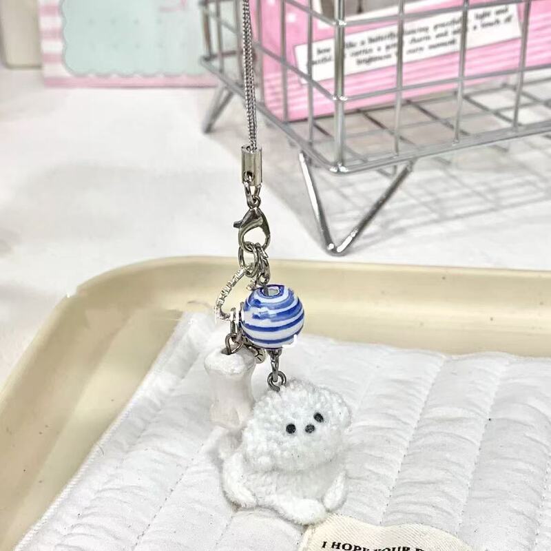 Cute Flocked Dog Bone Mobile Phone Case Pendant Polaroid Ccd Camera Decoration Gift DIY Stripesd Beads