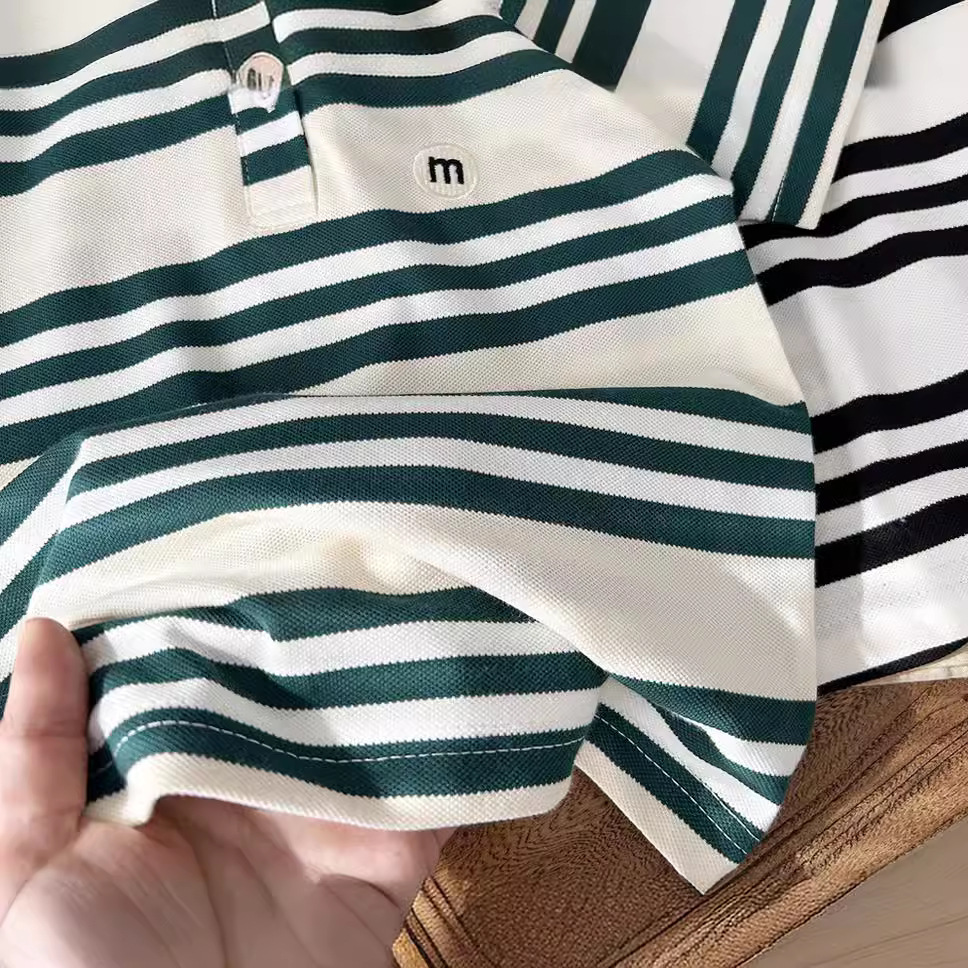 2024 New Summer Boys' Striped Korean Style Loose Stretch Short Sleeve Polo Shirt Top Batch