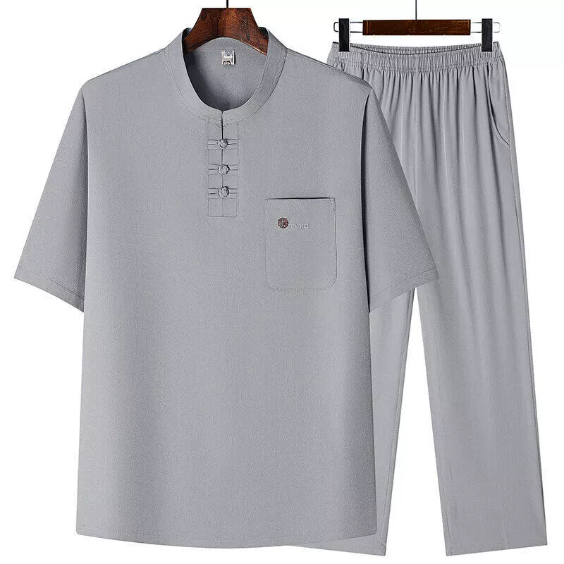 2025 новый летний стиль короткий рукав костюм для мужчин среднего и старшего возраста китайский стиль Тан костюм темно-синий красный темно-серый