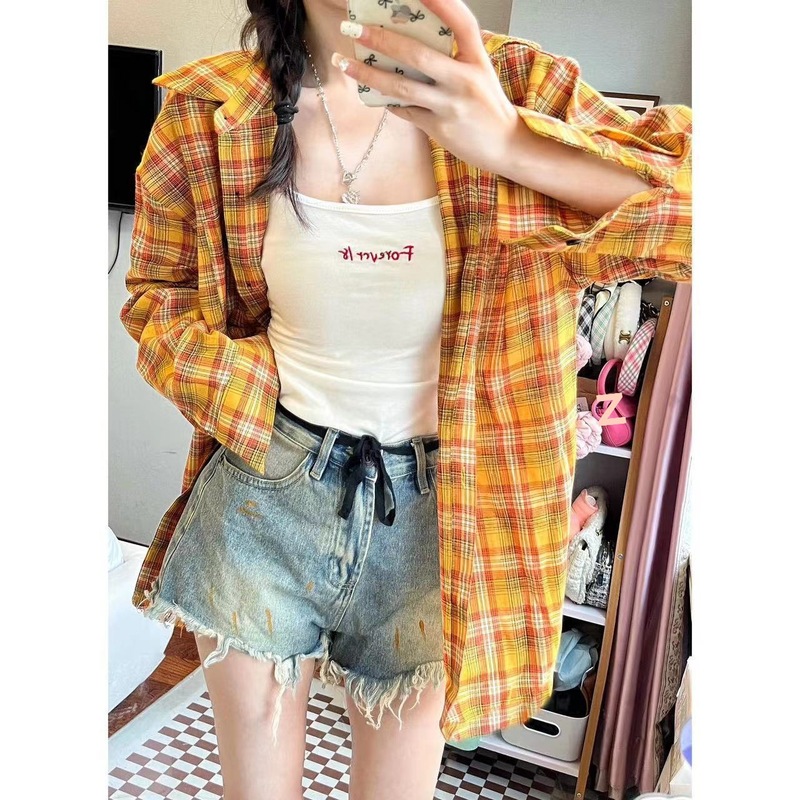 森系橘色格纹衬衫女叠穿年轻ins宽松遮肉显瘦长袖衬衣外搭开衫潮|undefined