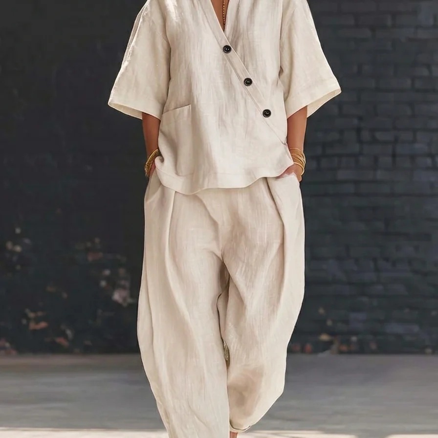 Women's Clothing Women's Solid Color Summer Set V Neck Short Sleeve Top And High Waisted Trousers Two Piece Style Clothing_ecoleips.com