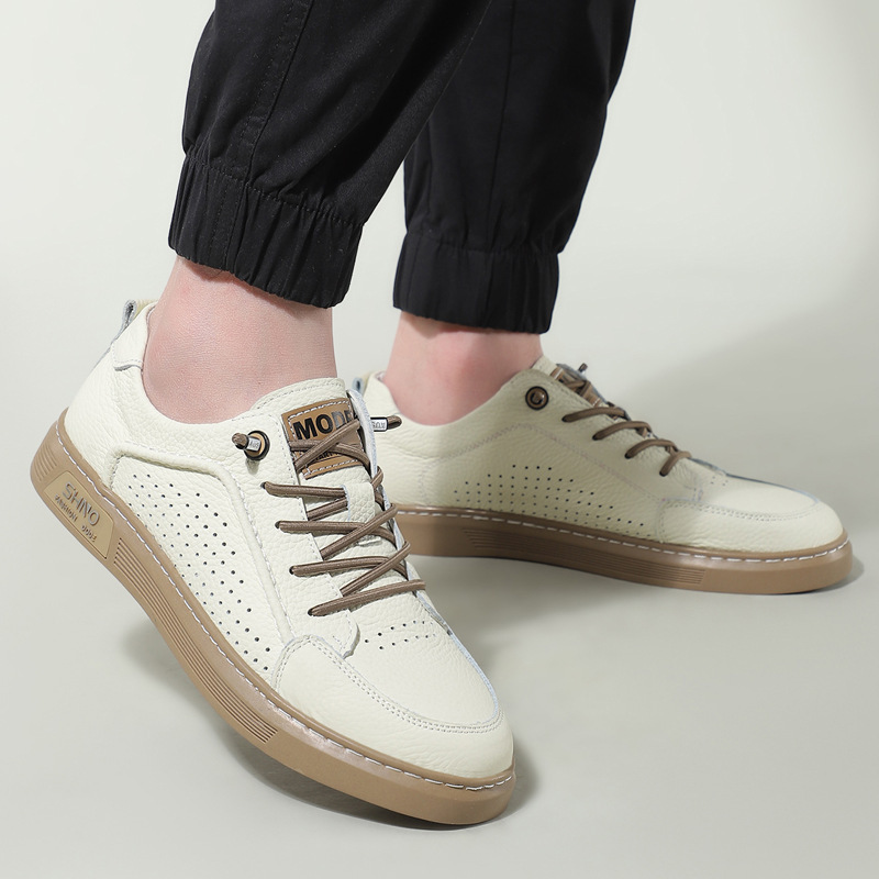 White Sneakers Slip-on White Shoes Men's Hollow Leather Shoes Sports Casual Genuine Leather Breathable Soft Sole Summer New Fashionable White Sneakers Slip-on White Shoes Men's Hollow Leather Shoes Sports Casual Genuine Leather Breathable Soft Sole Summer New Fashionable
