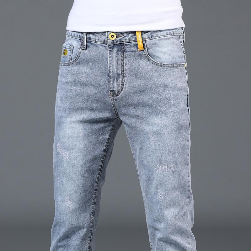 Printemps et automne mince hommes jeans tendance polyvalent couleur claire minceur petite jambe coquin beau mode lavé décontracté_voghion.com