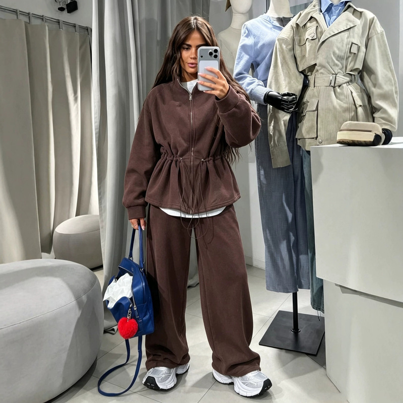 European and American cross-border casual drawstring waist fleece casual suit with half-zip stand-up collar sweatshirt and wide-leg pants two-piece set