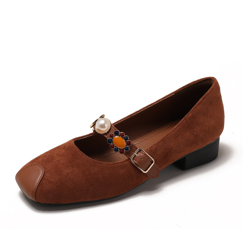 法式复古绒面单鞋女低跟通勤小众设百搭珍珠带玛丽珍鞋鞋XH185-1