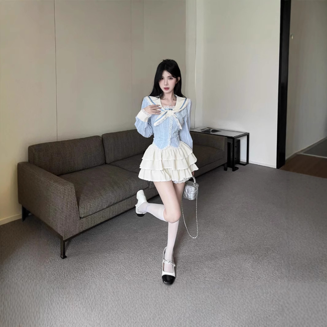 2024 봄 여름 우유 부서 착용 블루 스트라이프 JK 스타일 슬림 셔츠 케이크 투투 스커트 세트 여성