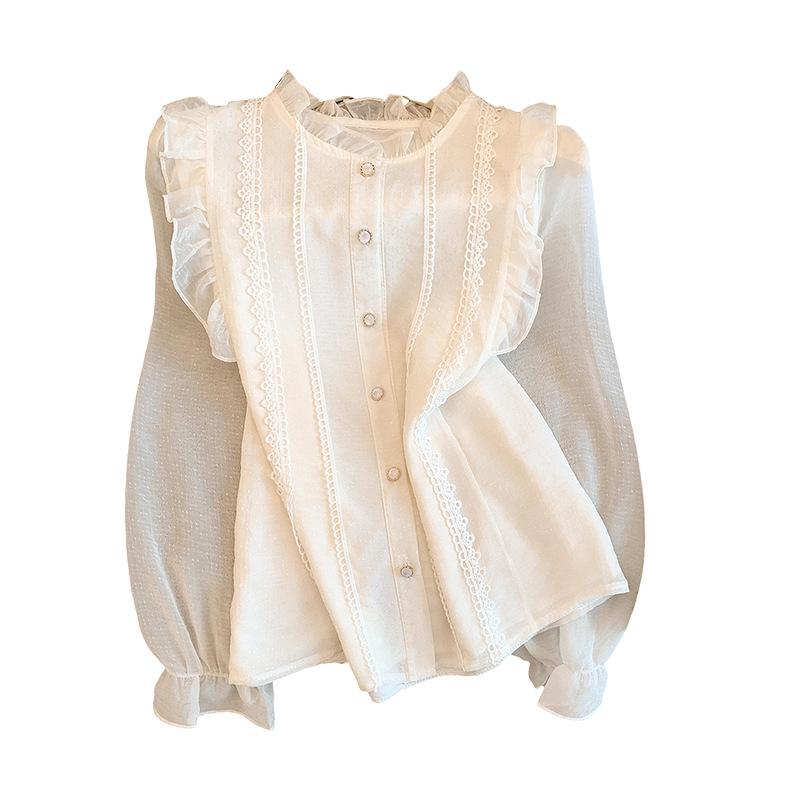Damenbekleidung: Rüschenbluse mit Stehkragen im französischen Stil – luxuriös, elegant, jugendlich und stilvoll – Frühlingsoutfit_voghion.com