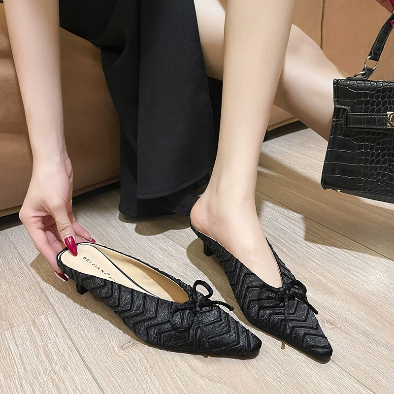 3582-3 Fruit green high-end design bow pointed toe mid-heel mules for women stiletto high heel half slippers