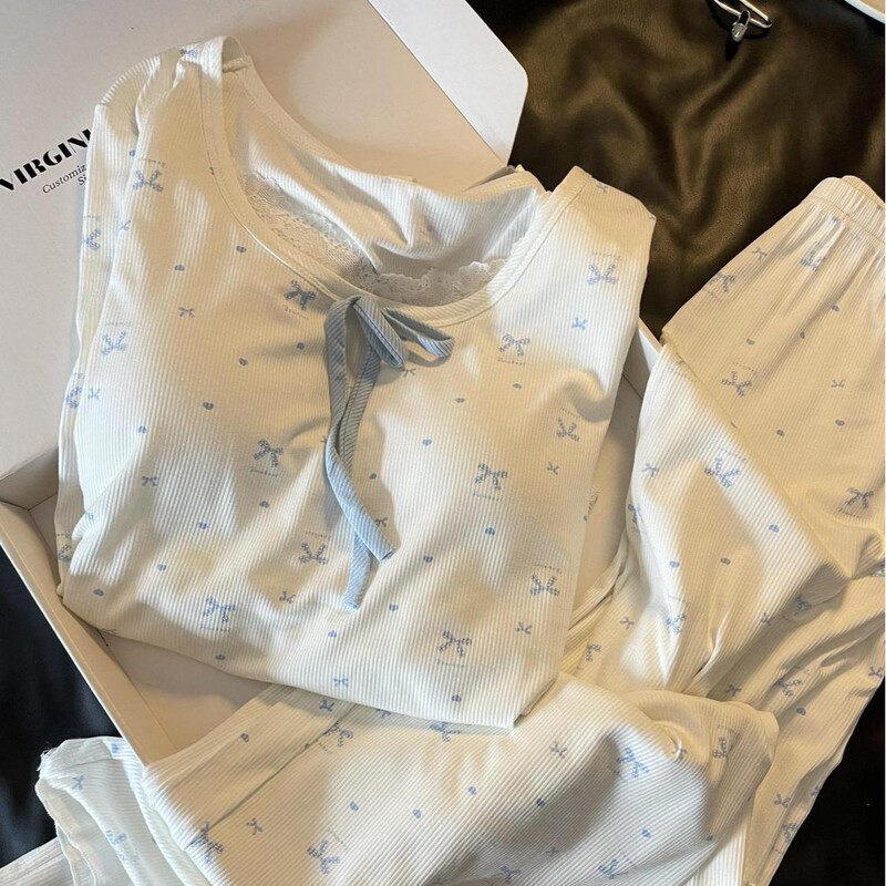 Spring and Autumn Lace Bowknot Padded Pajamas for Women, Ice Silk Ribbed Long-Sleeve Long-Pants Plus-Size Loungewear Set Spring and Autumn Lace Bowknot Padded Pajamas for Women, Ice Silk Ribbed Long-Sleeve Long-Pants Plus-Size Loungewear Set