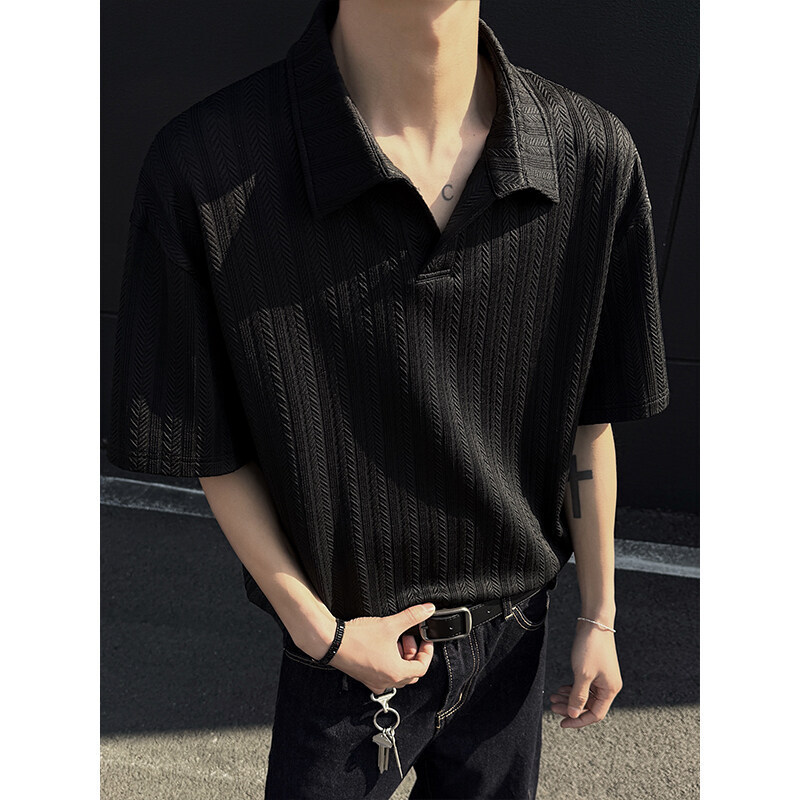cleanfit Texture Wheat Stripe Short-sleeved T-shirt Men's Summer High-end Sense Turpid Handsome Lapel Polo Shirt Heavy Half-sleeved cleanfit Texture Wheat Stripe Short-sleeved T-shirt Men's Summer High-end Sense Turpid Handsome Lapel Polo Shirt Heavy Half-sleeved