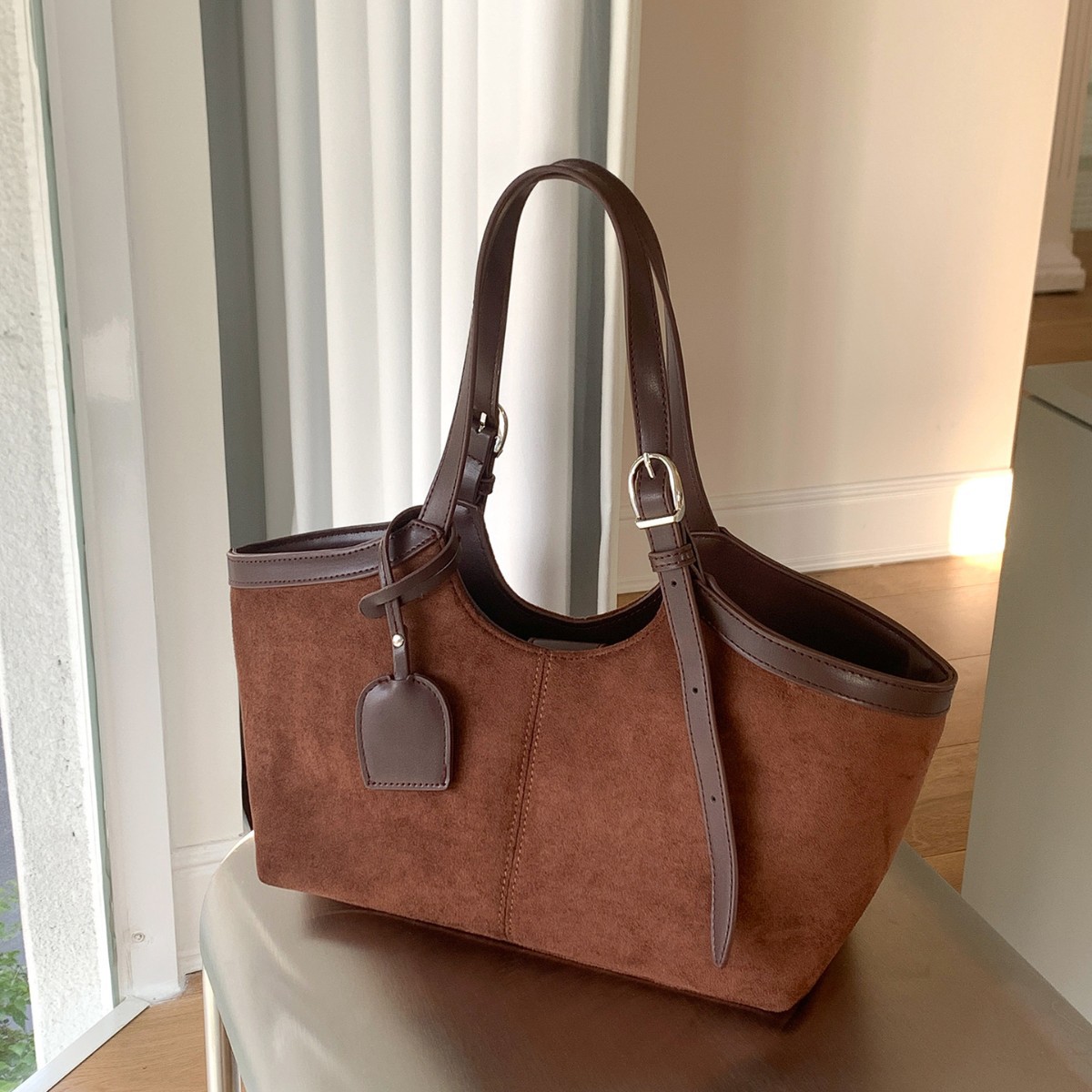 Autumn/Winter Suede PU Patchwork Creative Market Tote Bag Large Capacity New Commuter Shoulder Bag for Women - Thumbnail 3