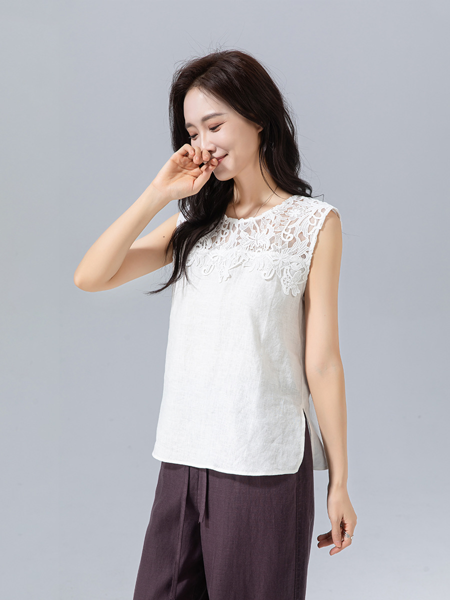 Áo ba lỗ cổ tròn ren Xinge vải lanh rộng rãi che khuyết điểm mùa hè — Màu trắng
