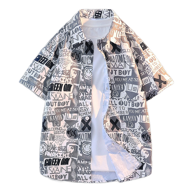 Men's Hawaiian Style Printed Short Sleeve Shirt Trendy Loose Casual Lapel Beach Wear_viptrois.com