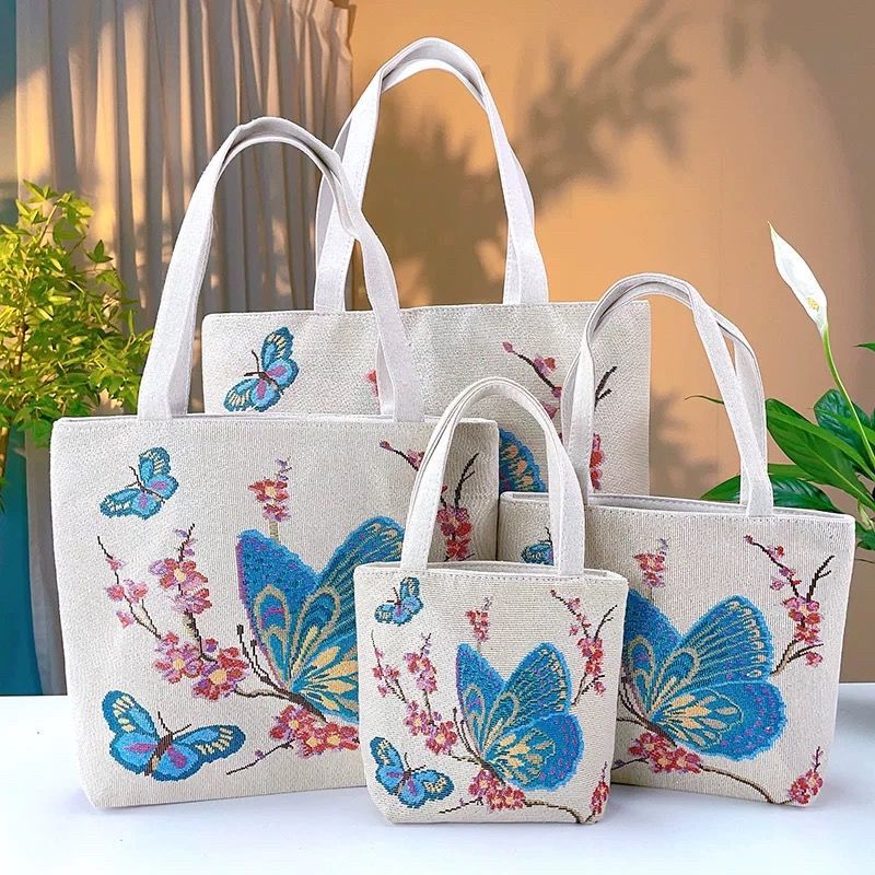 Butterfly Double-Sided Gold Thread Jacquard Embroidered Canvas Shoulder Tote Bag Mommy Bag Large Capacity Cloth Bag Casual Versatile