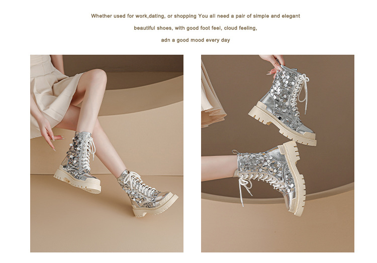 Boot nữ cổ thấp hở mũi dây buộc đế platform cao 5 cm màu bạc sequin — màu đen, bạc chi tiết 7