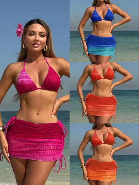 2025 Europe and the United States new gradient mesh three-piece beach skirt sexy bikini bikini cross-border foreign trade