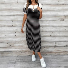 2025夏季跨境欧美新款亚马逊速卖通清新圆领 开叉 短袖条纹连衣裙