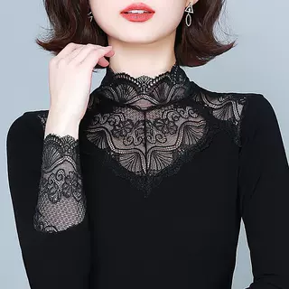 蕾丝打底衫新款春秋季百搭小衫时尚洋气显瘦女装黑色内搭弹力上衣