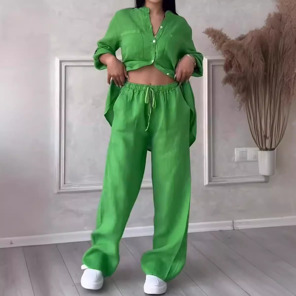 Ensemble décontracté femme en coton et lin avec pantalon large_voghion.com
