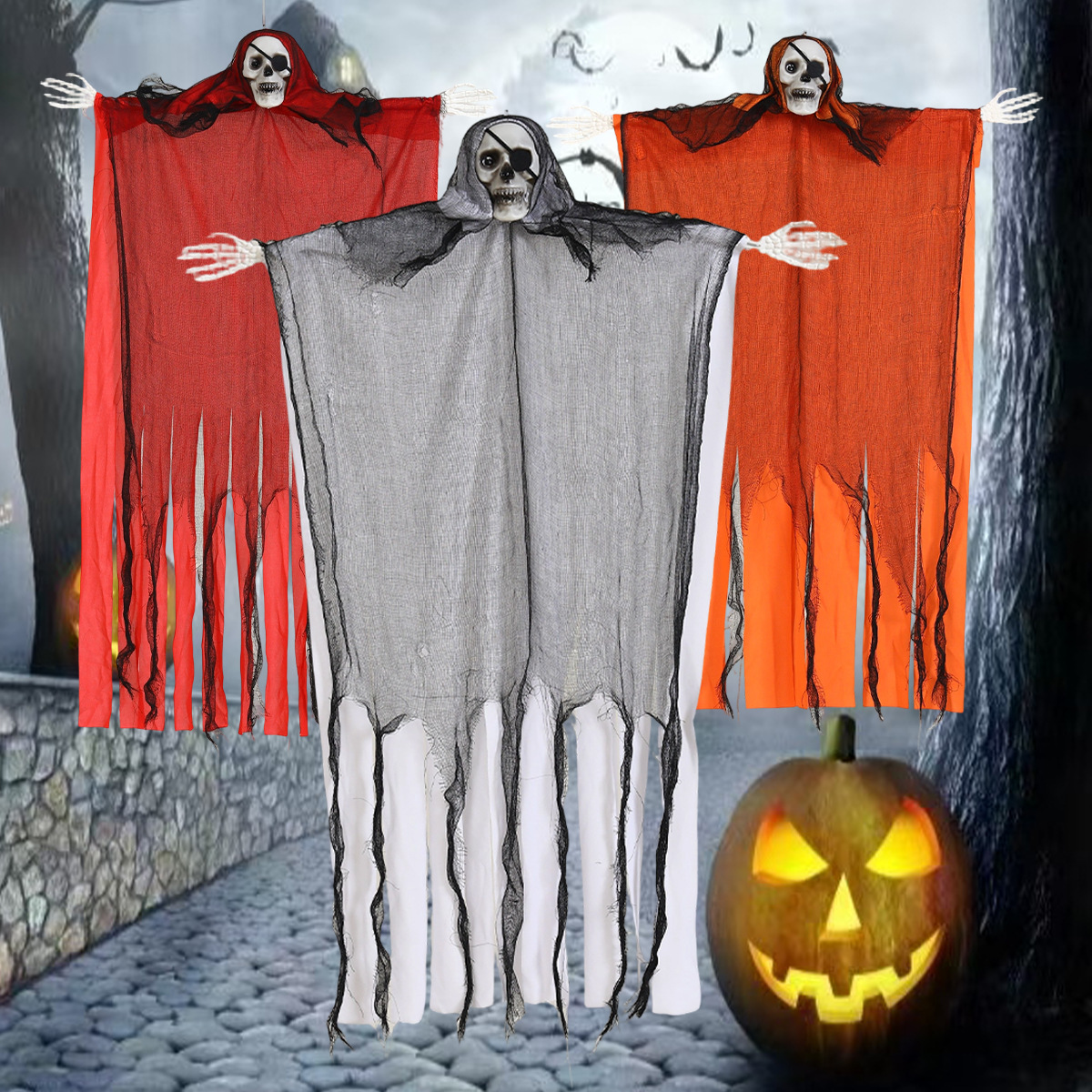 Accesorios de decoración de Halloween, gasas de calavera, muecas, fantasmas colgantes, adornos en la puerta de la casa embrujada, cabezas de calabaza colgantes, fantasmas de terror
