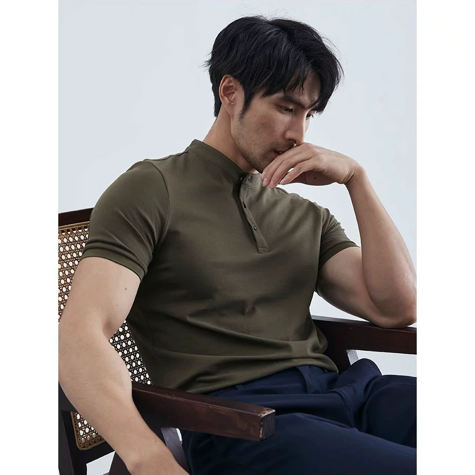 Летняя новая стильная Легкая рубашка-поло с воротником Генри, тонкая эластичная Футболка против морщин из ледяного шелка, топ с круглым вырезом и короткими рукавами