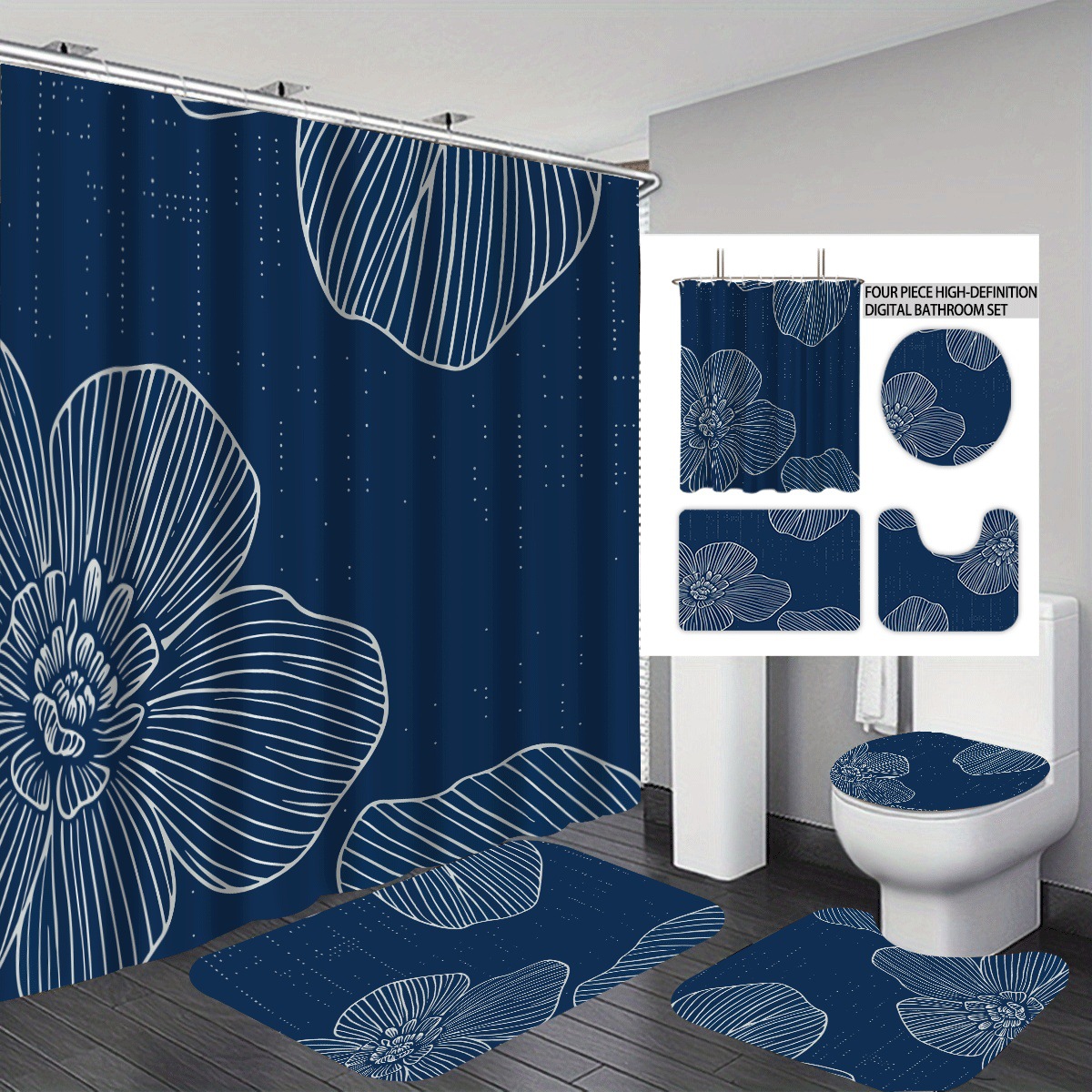 Agente de poliéster Mei Ke más cortina de baño impermeable serie de agua floral 3D impresión digital cortina de baño cuatro piezas alfombra absorbente