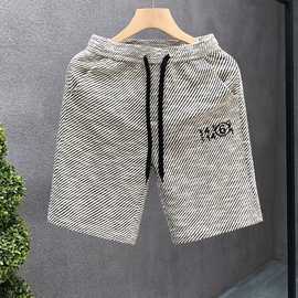 夏季潮牌五分裤时尚条纹百搭痞帅短裤高端网红刺绣松紧腰大裤衩男