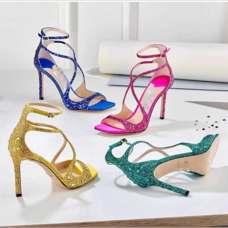 European and American New Style One-Strap Cross-Over Thin Heel Rhinestone Open-Toe Sexy High Heel Sandals