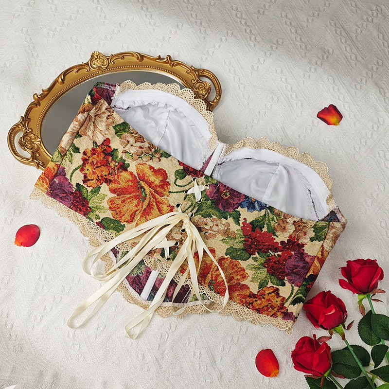 Sutiã plus size retrô francês espinha de peixe, top tomara que caia floral com estampa cruzada, estilo regata, para mulheres._voghion.com