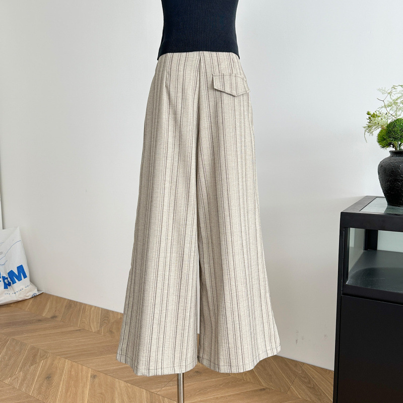 通勤ストライプワイドレッグパンツ夏の新しいプリーツデザインカジュアルで多用途な女性用ストレートパンツ|undefined