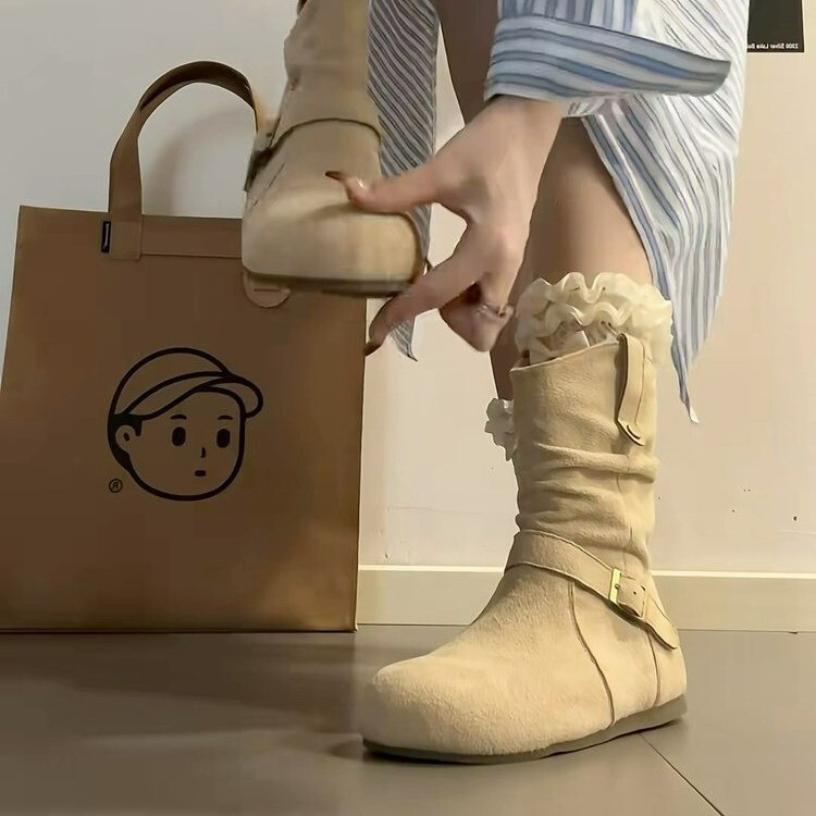 现货版~平底内增高褶皱堆堆靴女2025秋冬新款勃肯短靴西部骑士靴|undefined