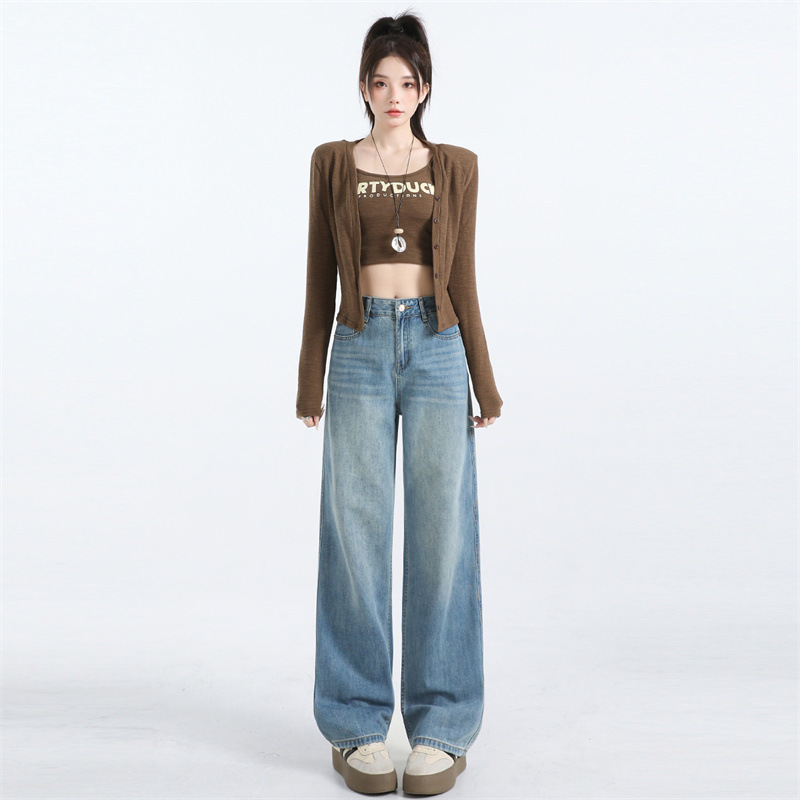 浅蓝色高腰简约阔腿牛仔裤女2025秋季爆款宽松直筒显瘦窄版拖地裤|undefined