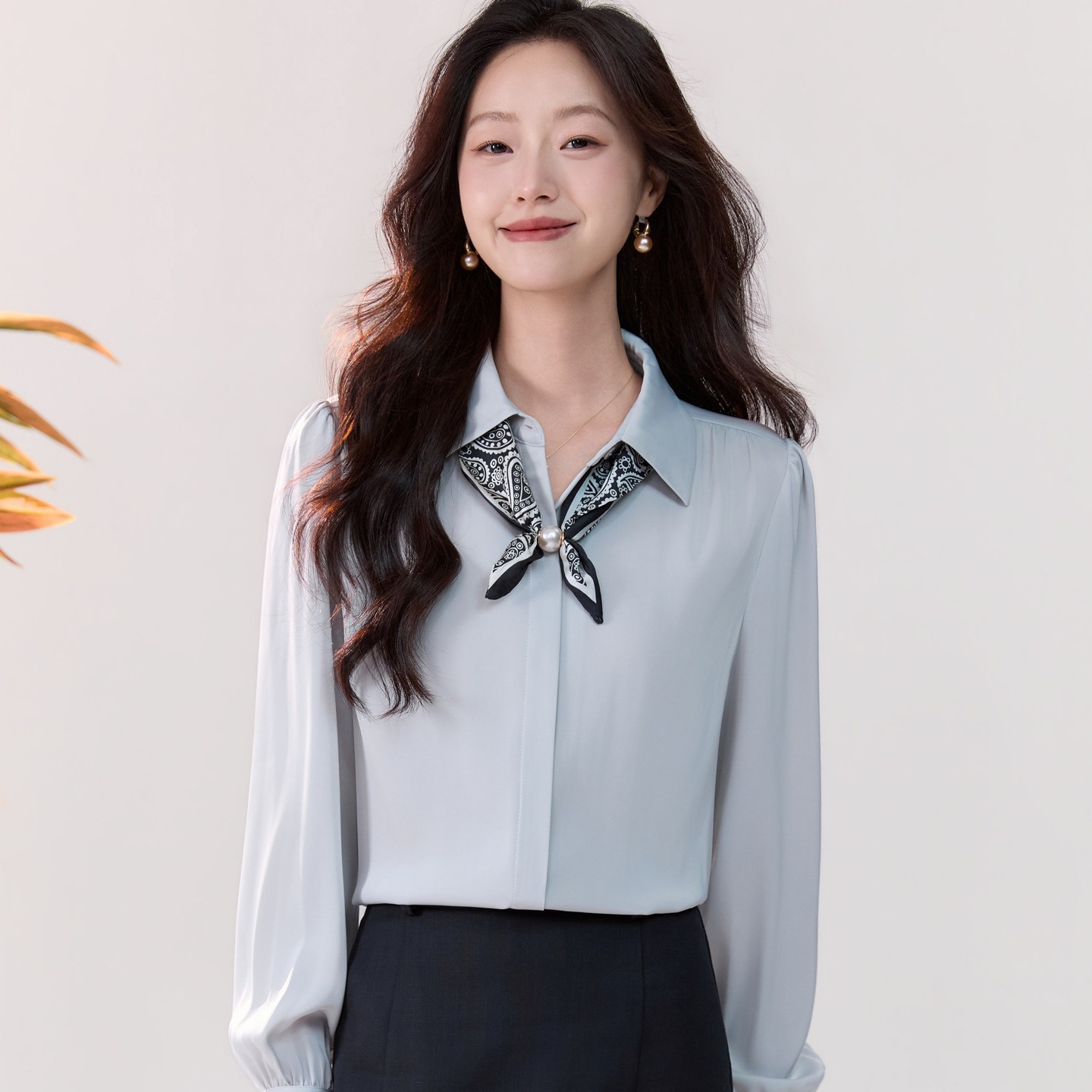 2026 Autumn New Style Bow-Knot Chiffon Blouse for Women, Long Sleeve, Slimming, Versatile Top 2980
