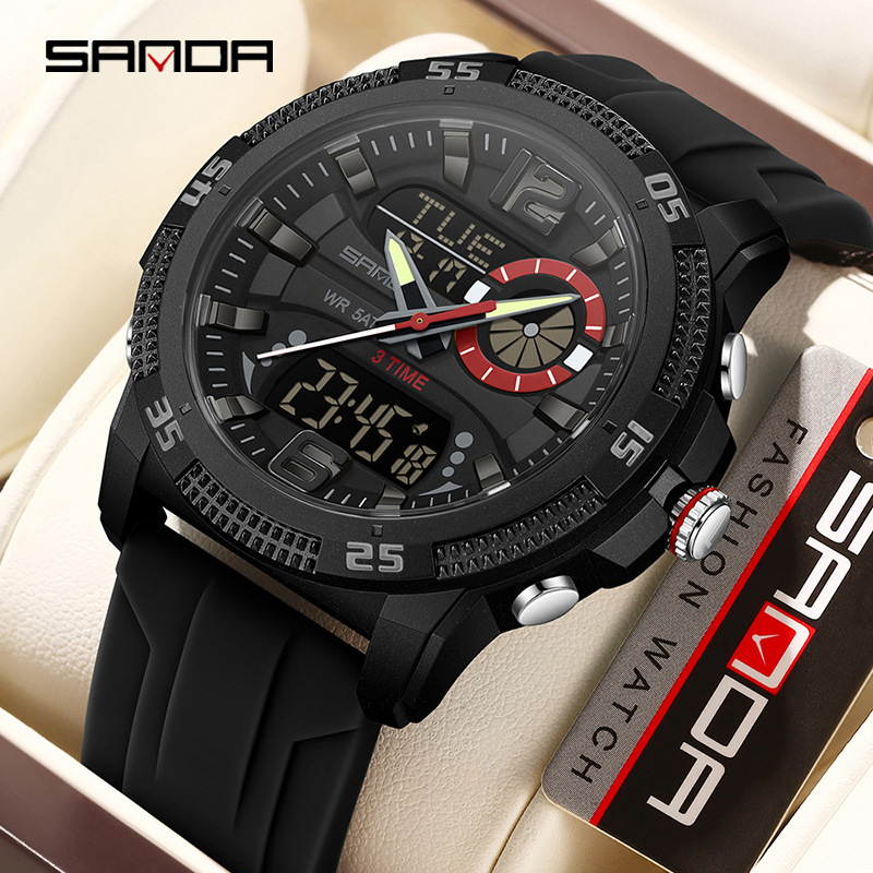 Sanda SANDA Reloj deportivo Reloj electrónico luminoso multifuncional de doble pantalla Reloj despertador Moda Reloj para estudiantes masculinos y femeninos 3372