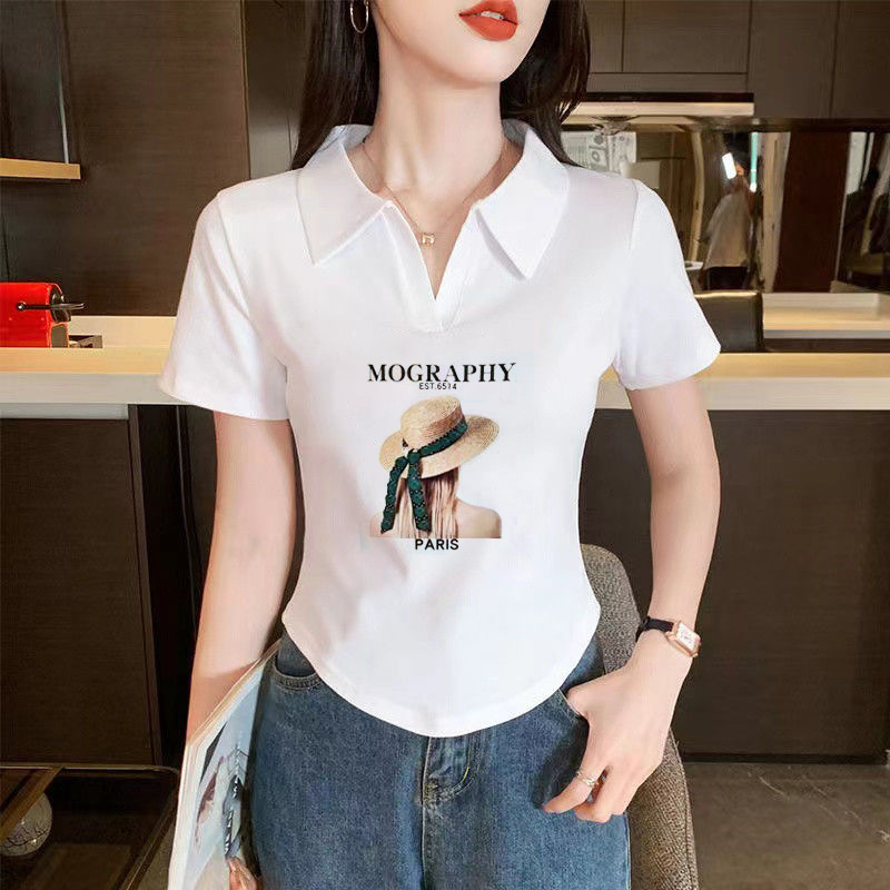 Minimalist Polo Collar Right Shoulder Short-Sleeved T-Shirt for Women Korean Style New Slim Fit Pure Desire Short Printed Top Cotton Ins