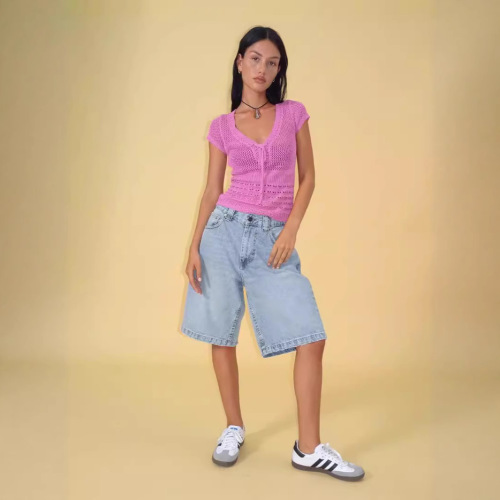 Amazon AliExpress Western Foreign Cross-border Supply Loose No-Elastic Retro Denim Mid-Thigh Pants for Women