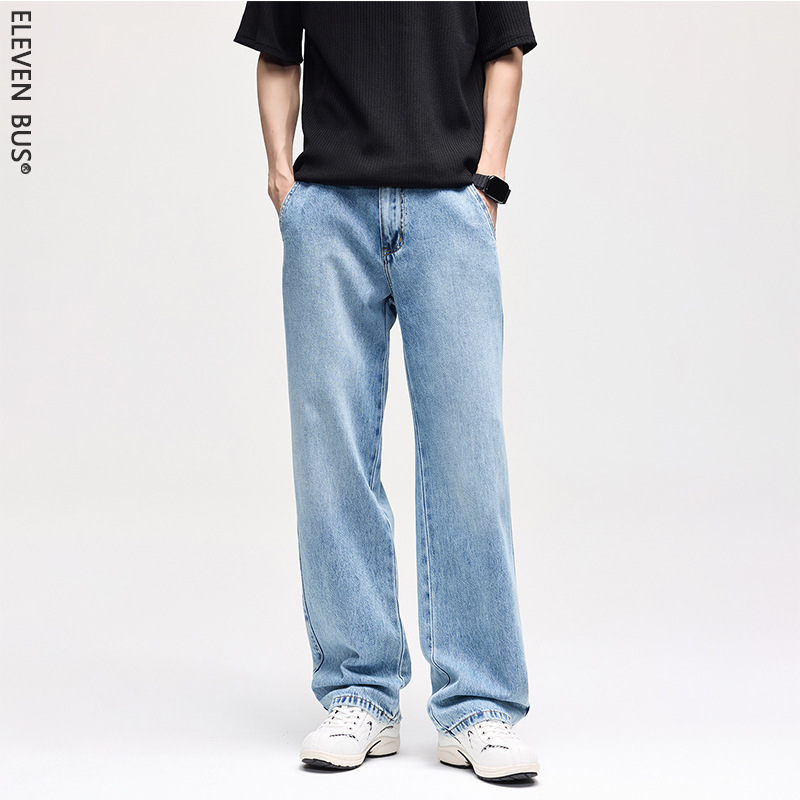 Clanfit Lyocell Washed Men's Jeans Trendy Fashion Versatile Drapey Straight Wide-Leg Jeans for Men